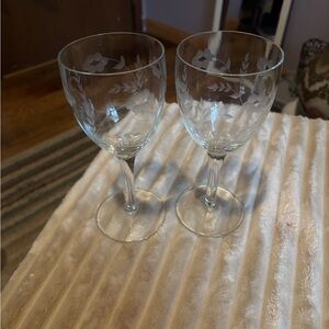 Pair of Vintage Princess House Heritage Etched Floral Wine Glasses